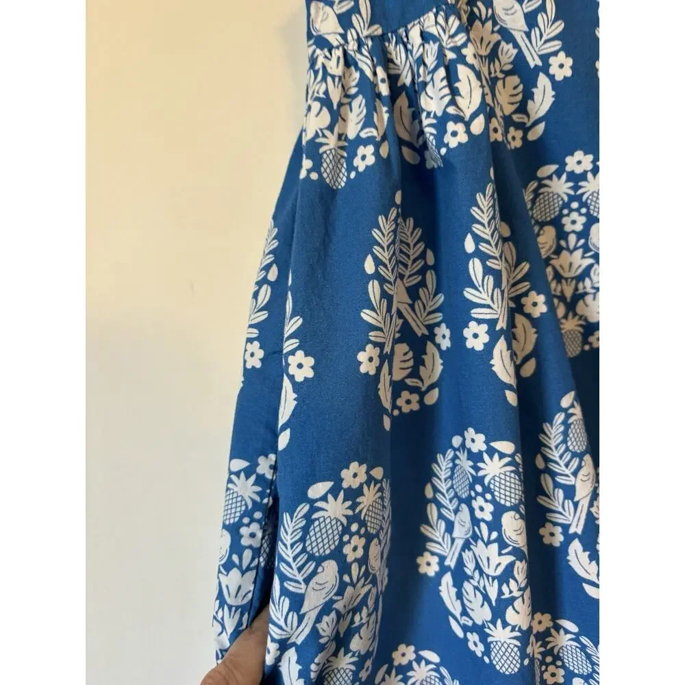 Mini Boden 9 10 Y Blue Floral Aline Cotton Sleeveless Ruffles Pockets